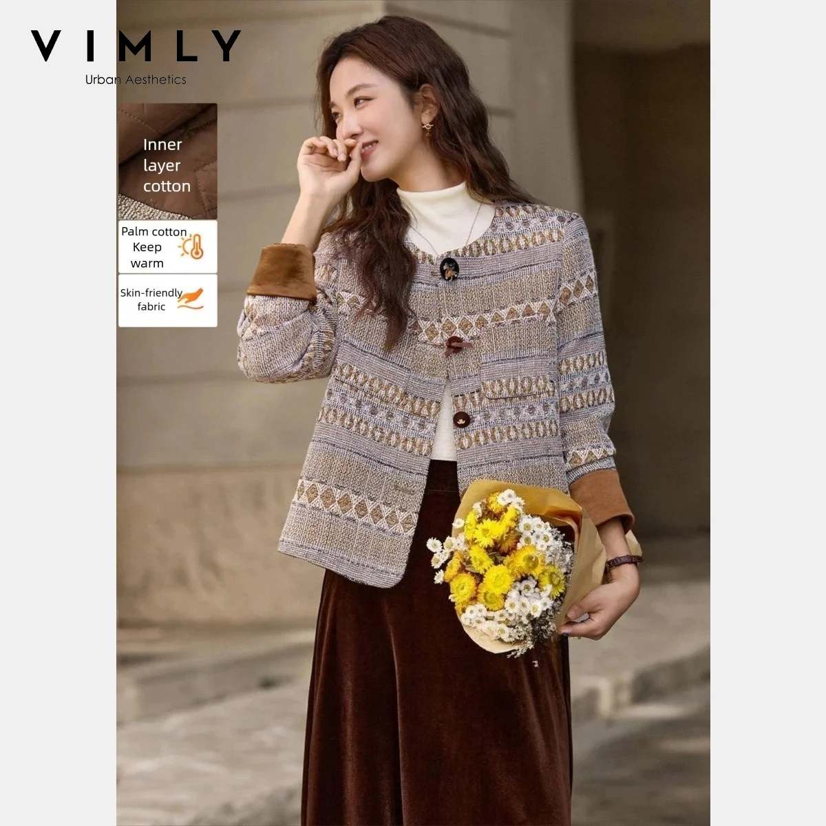

VIMLY Commute Women's Coffee Jackets 2025 Winter Small Fragrance Contrast Color Coats Round Neck Argyle Cozy Women Clothes 30588