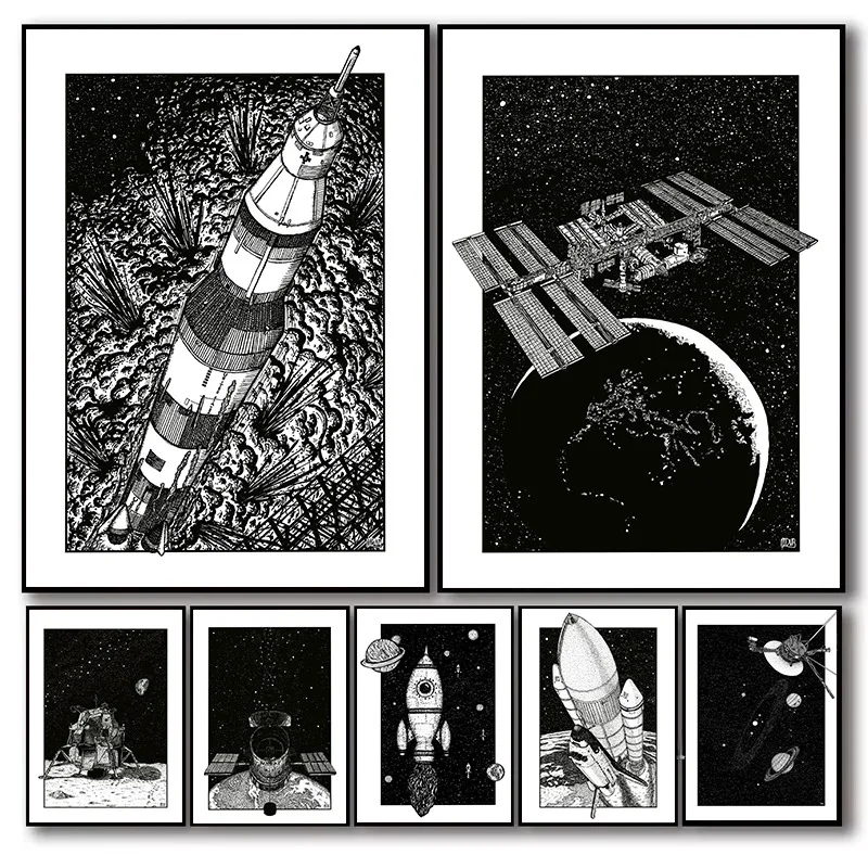 International Space Station Telescope Shuttle Rocketship Poster Black and White Cartoon Imaginative Canvas Painting Home Decor