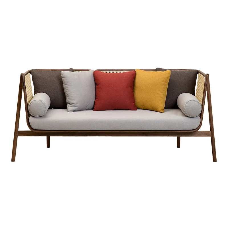 Living room small apartment leisure solid wood sofa rattan chair sofa three-piece set