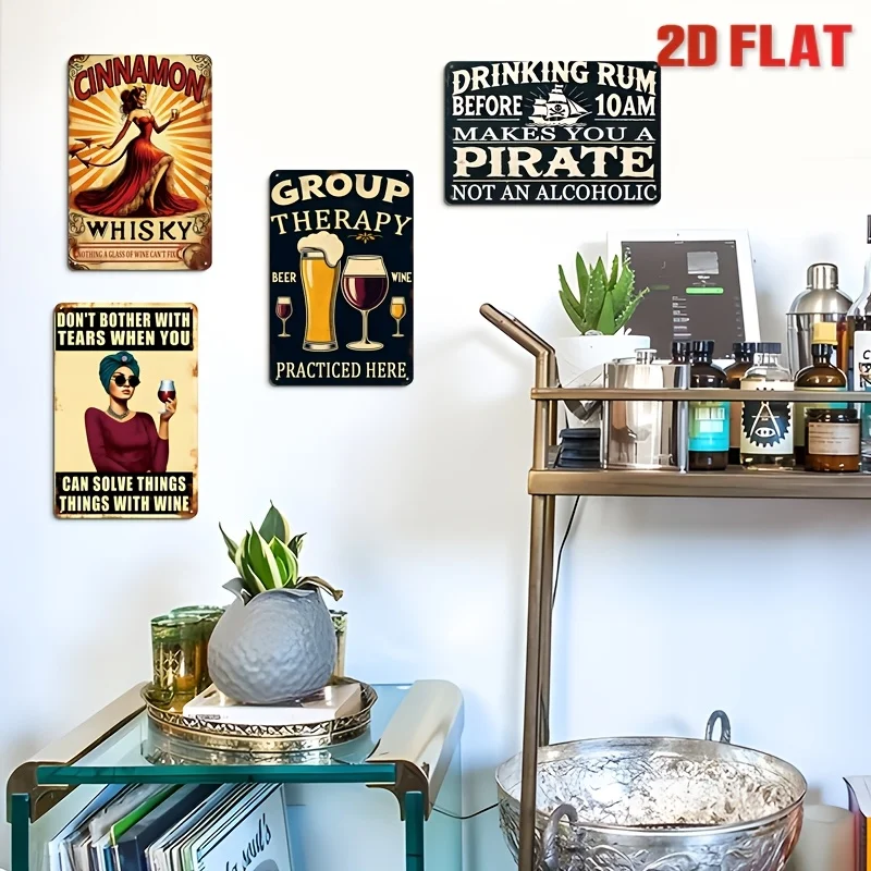 4pcs 2D Flat Humorous Vintage Metal Tin Signs | Beer & Wine Wall Art, No Electricity Needed, Ideal For Bar, Man Cave, Kitchen