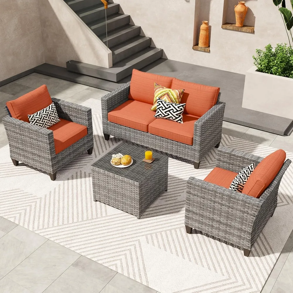

4 Pieces Patio Furniture Set, Outdoor Wicker Rattan Sofa Couch with Loveseat, Chairs, Glass Coffee Table.