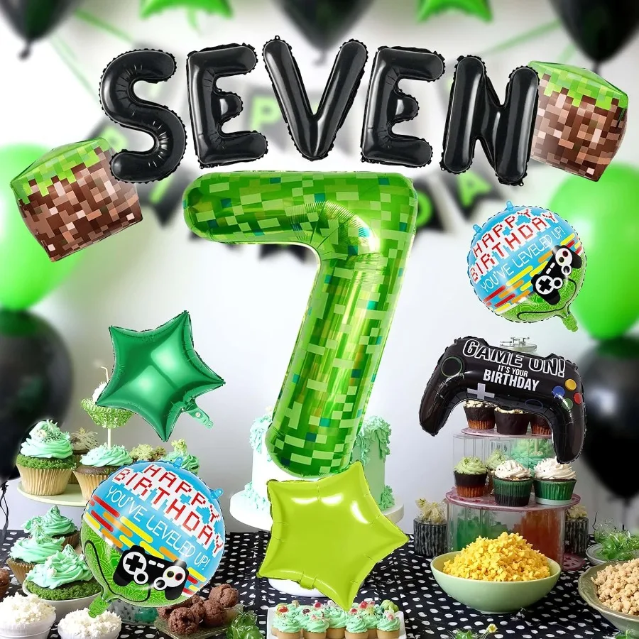 40-дюймовый набор воздушных шаров Green Pixel Miner Number 7, 13 шт., большие воздушные шары из фольги, металлические шары, украшения для тематических вечеринок для видеоигр