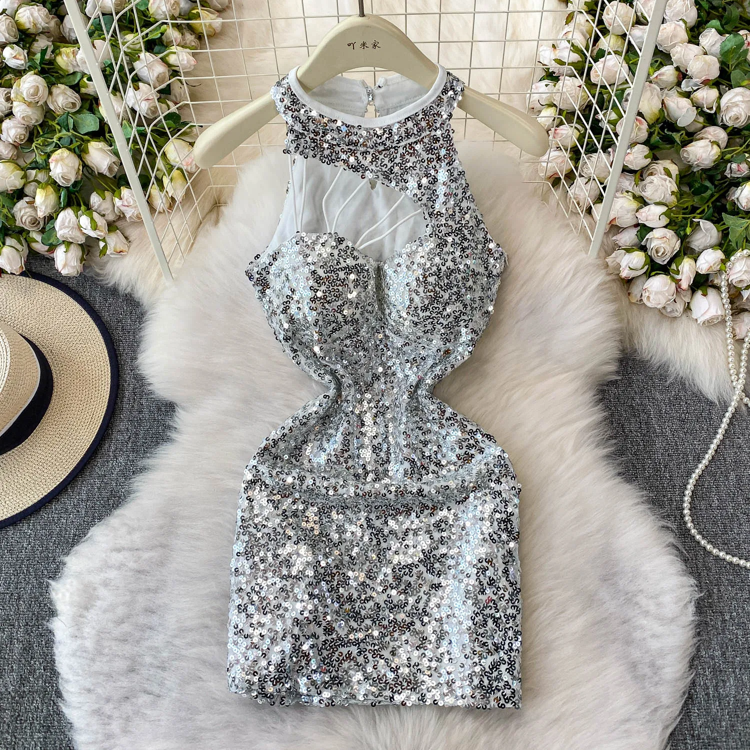Chic vintage sequin hollow out Elegant Fairy korean fashion women clothing ceremony dresses mini dress