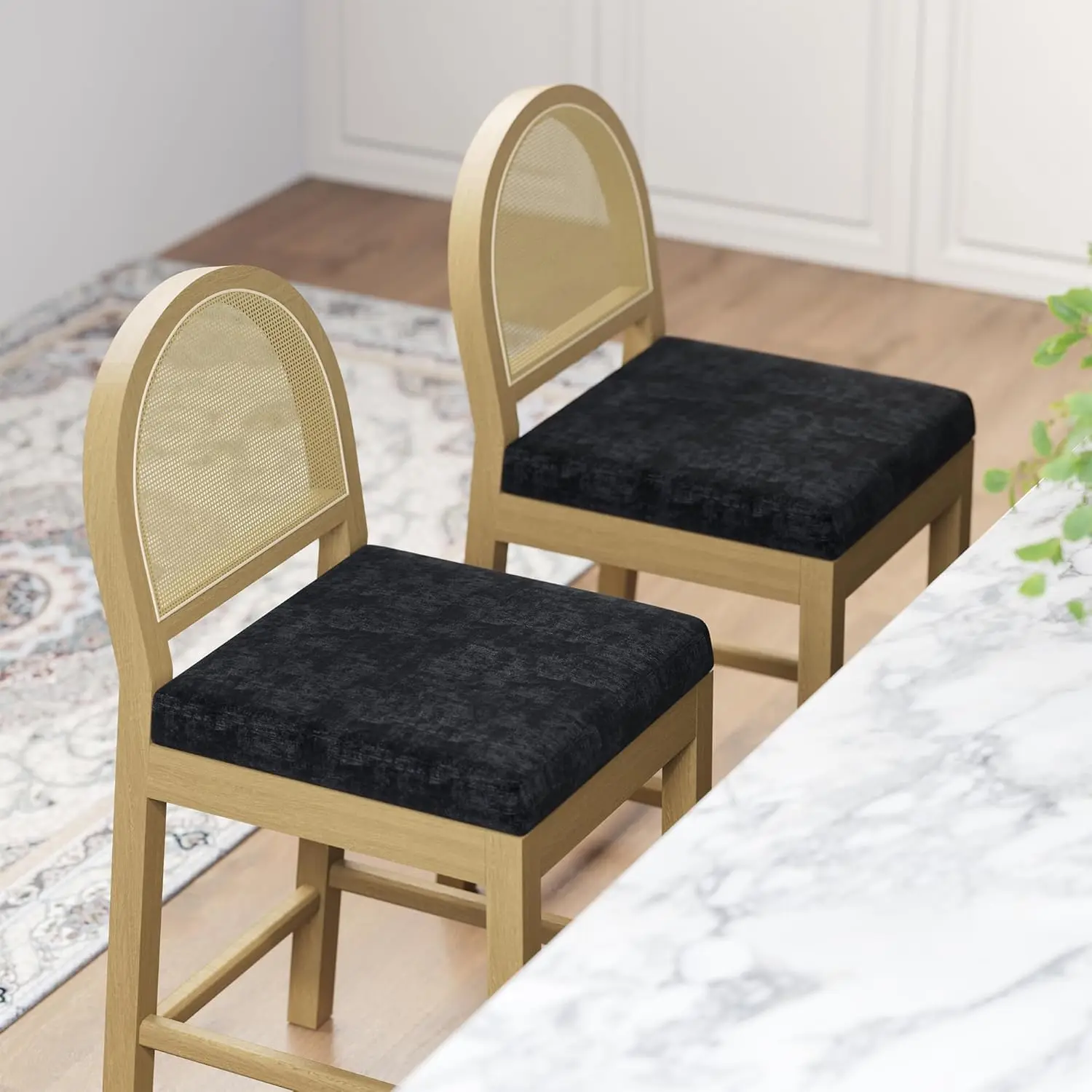 Bar Stools 2 Pcs Counter Height Wooden Woven Back & Chenille Seat Mid Century Kitchen Island Black, Customized