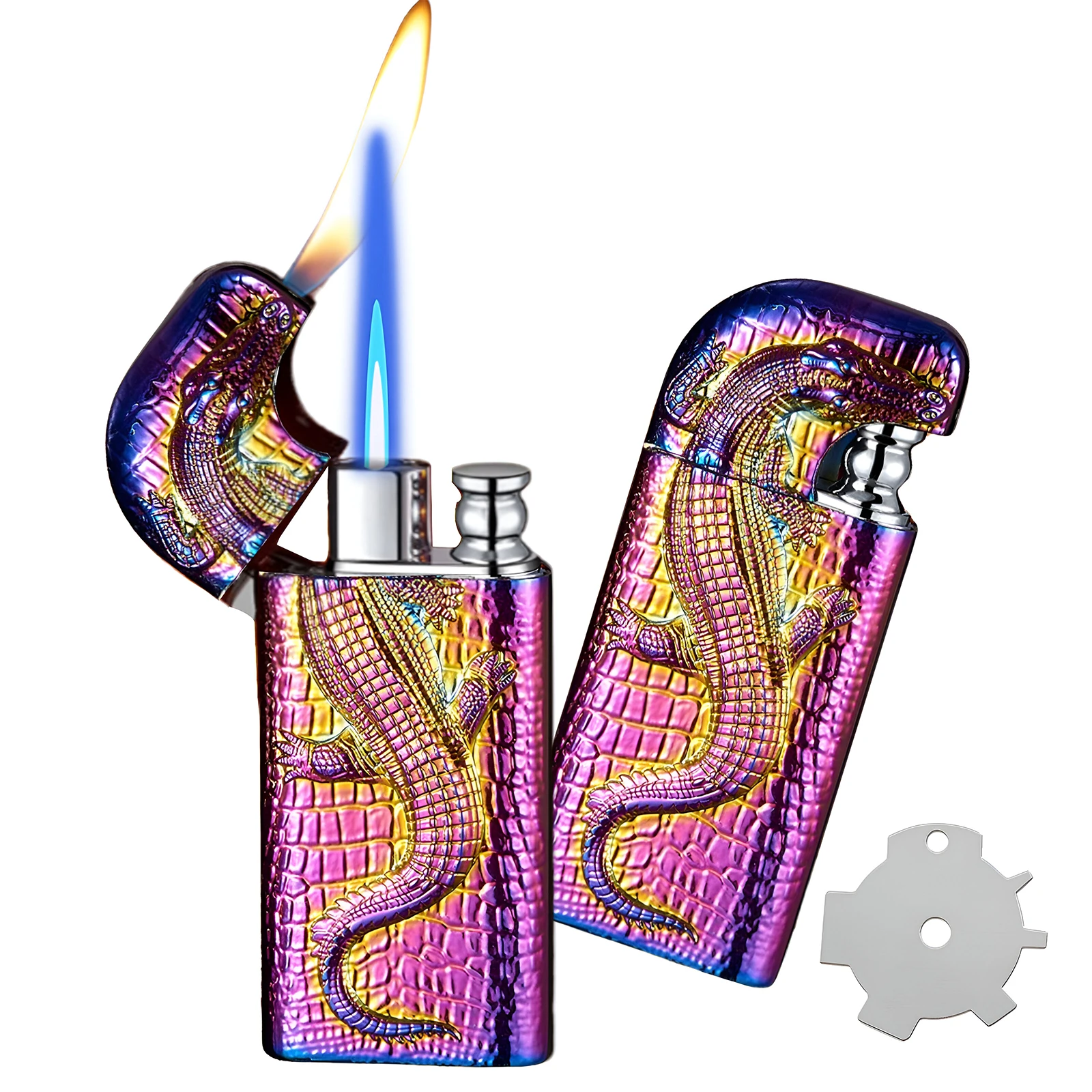 2 Pack Cool Relief Design Magic Dual Flame Cigarette Lighter with Adjust Flame Tool Windproof Jet Flame Lighter (Without Butane)