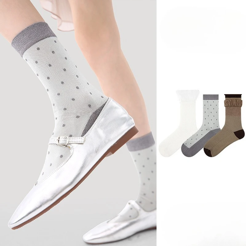 3 Pairs of New Spring/summer Style Polka Dot Multi-color Mid-calf Socks, Breathable and Simple Lace-edged Socks, Thin Mesh Socks
