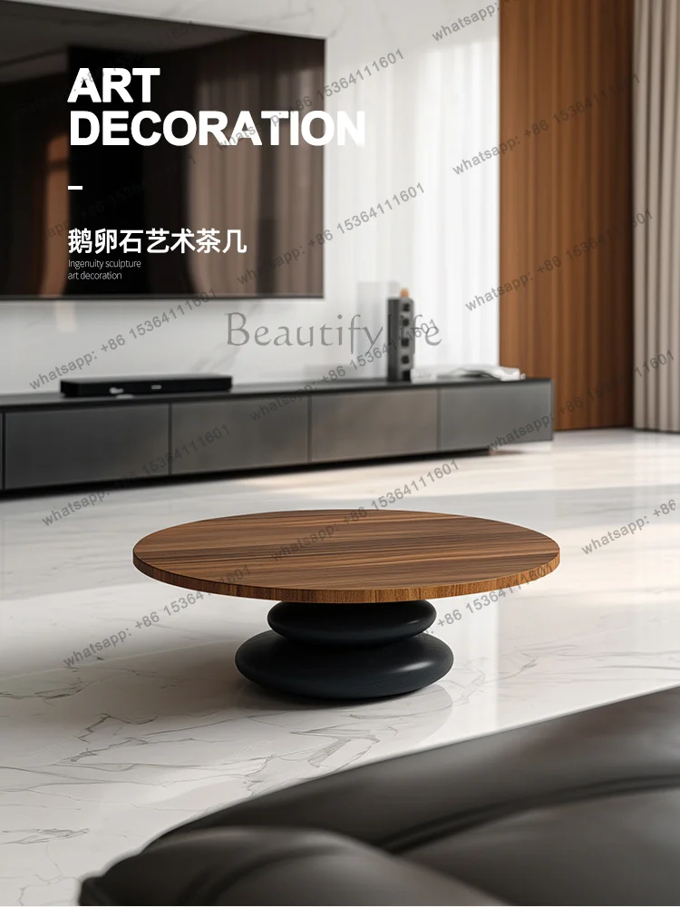 YJ Designer pebble shape round solid wood coffee table Italian minimalism high sense living room home art creativity