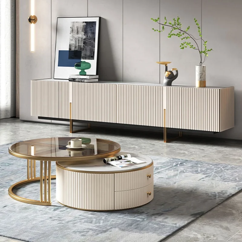 

Minimalist Style White TV Unit Stand Stone Top Media Entertainment Center Living Room Furniture Cabinet