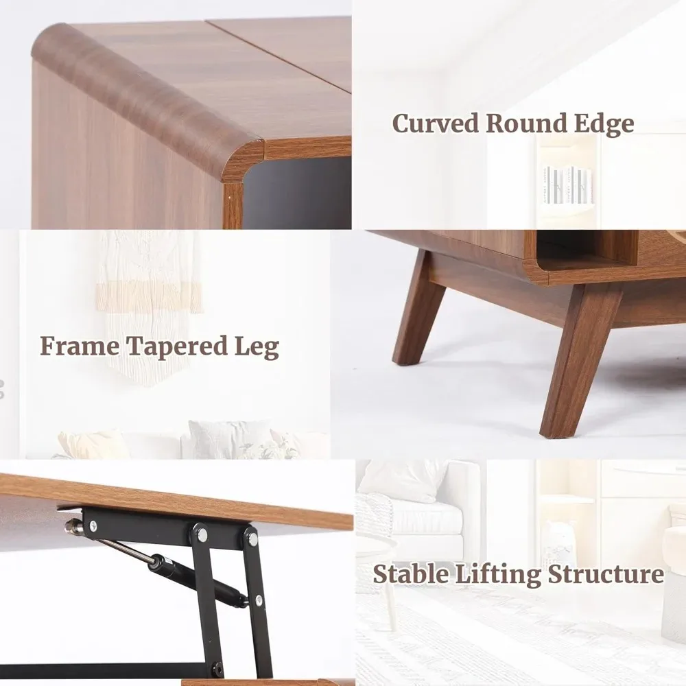 Small Lift Top Coffee Table with Hidden Compartment, Mid Century Modern Curved Coffee Table with Storage Shelf, Wooden Rectangle