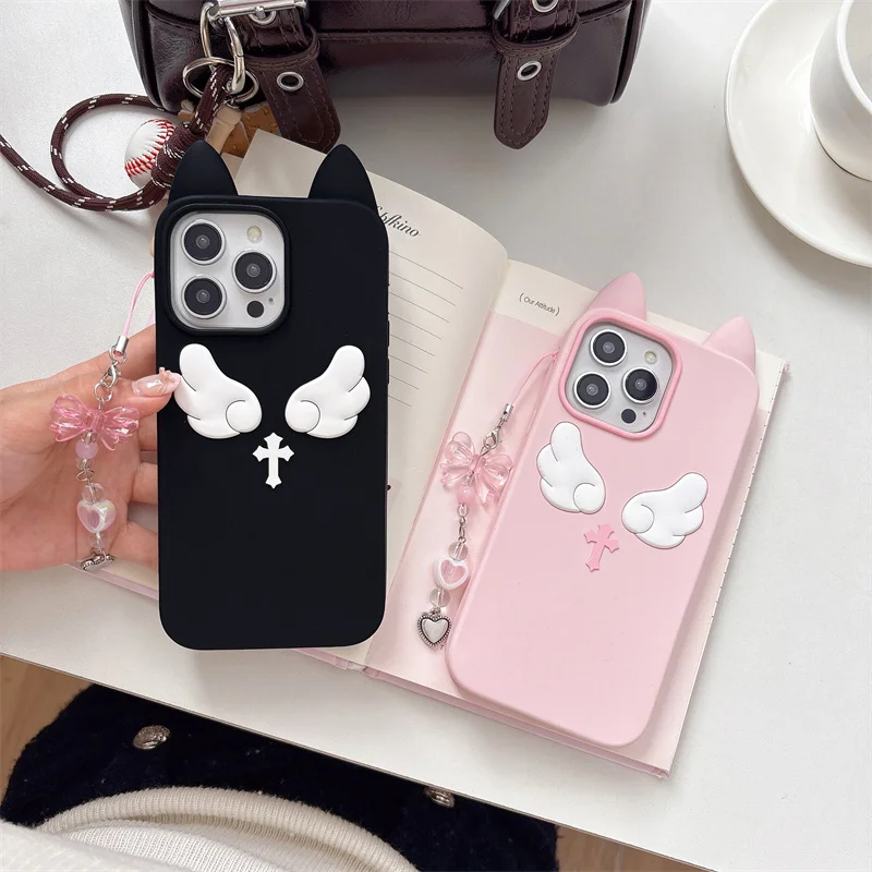 

Cartoon Cute Cat Ears Angel Silicone Soft Case for IPhone 17 16 15 14 13 Pro Max 17Pro 16Pro IPhone17 IPones Women Back Cover