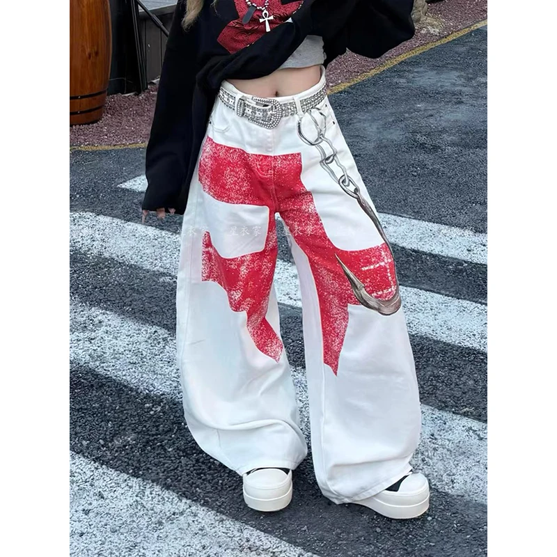

ZHIZOU белые мешковатые джинсы женские Harajuku винтажные Y2k широкие джинсовые брюки оверсайз длинные брюки эстетический стиль одежды 2000-х годов