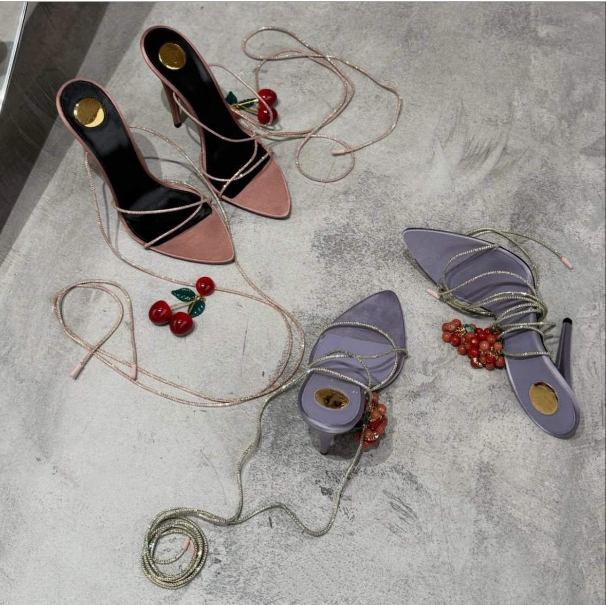 

2026 Summer New Women's Rhinestone Lace Up High Heel Sandals Fruit Charm Ankle Wrap Stiletto Pink Purple Green Modern Sandals