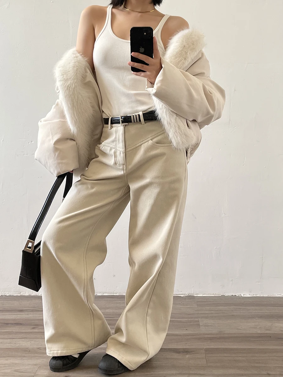 

Джинсы Acupstudio Jiangyou для женщин, прямые, на подкладке, светло-коричневые, широкие, длинные брюки, повседневные, с высокой талией, на пуговицах...