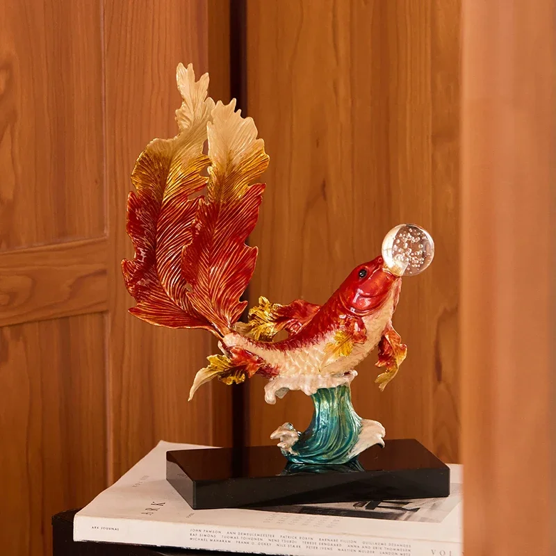 Enamel Koi Artistic Ornament,Carp Sculpture Decor,Luxury Crafts,Living Room Office Desktop Decoration,Fish Model Artwork Gifts