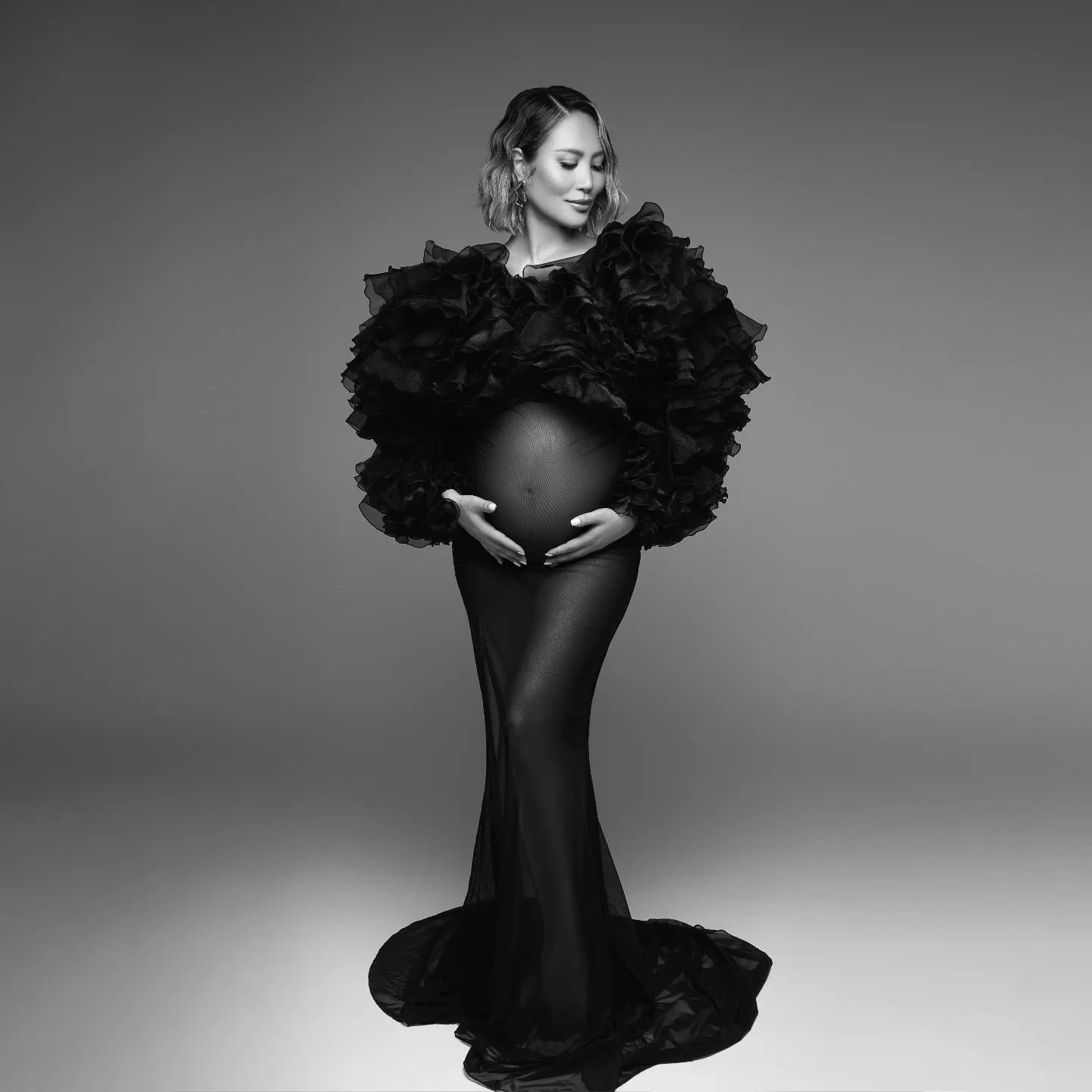 Elegant Black See Through Maternity Dress for Baby Shower Mermaid Photo Vestiti Sposa Ruched Long Sleeve Tulle Pregnant Women Go