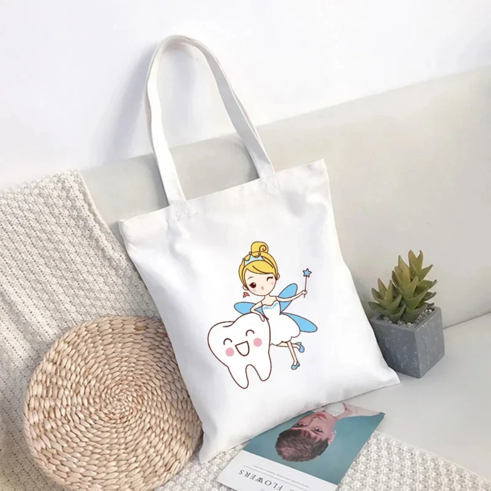 Cute Cartoon Tooth Fairy Canvas Tote Bag With Crown Magic Wand Print Soft Handbag For Daily Commute And Daily Use