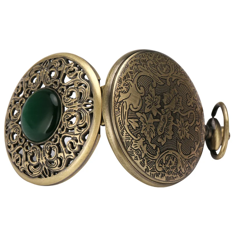 Steampunk Green Crystal Hollow Out Flower Case Men Women Quartz Analog Pocket Watch Necklace Sweater Chain Timepiece reloj