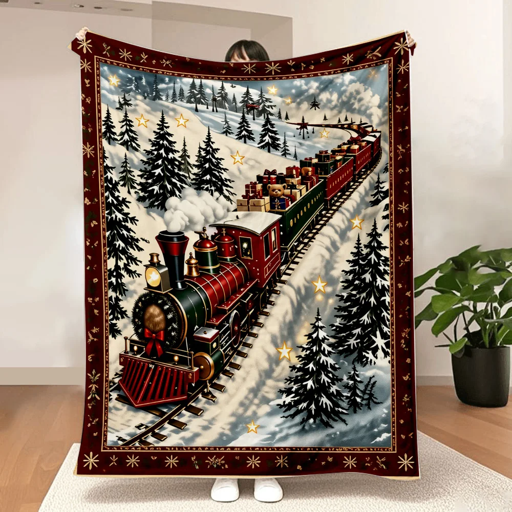 1PC Christmas Train Print Blanket – Made from soft plush flannel, this lightweight and durable blanket is perfect for sofas, bed