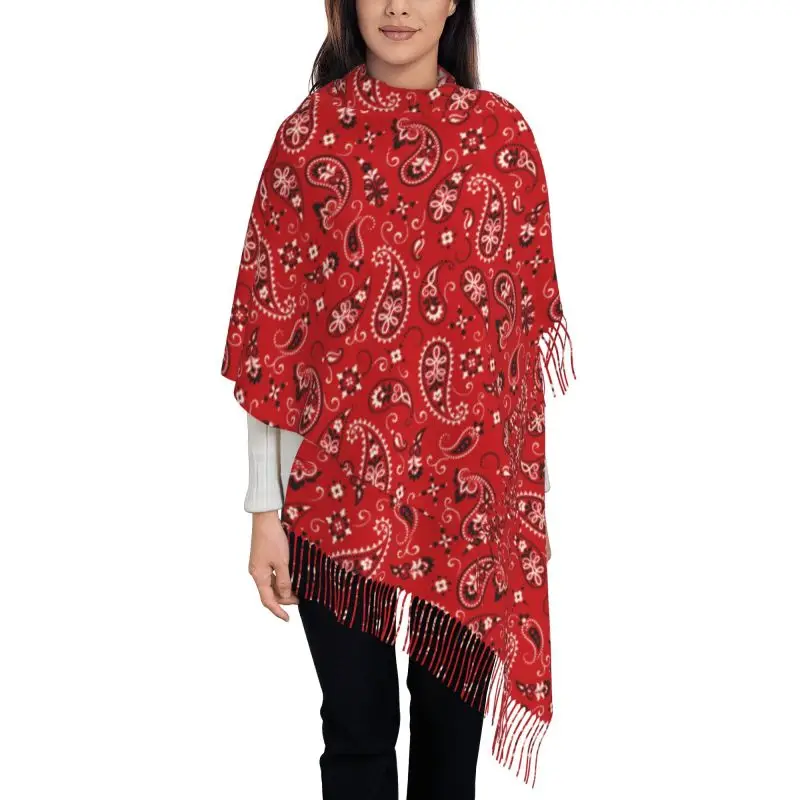 Ethnic Bohemia Red Paisley Bandana Scarf Shawl Wraps Women Lightweight Tassel Long Large Fall Winter Soft Warm Tassel Scarf