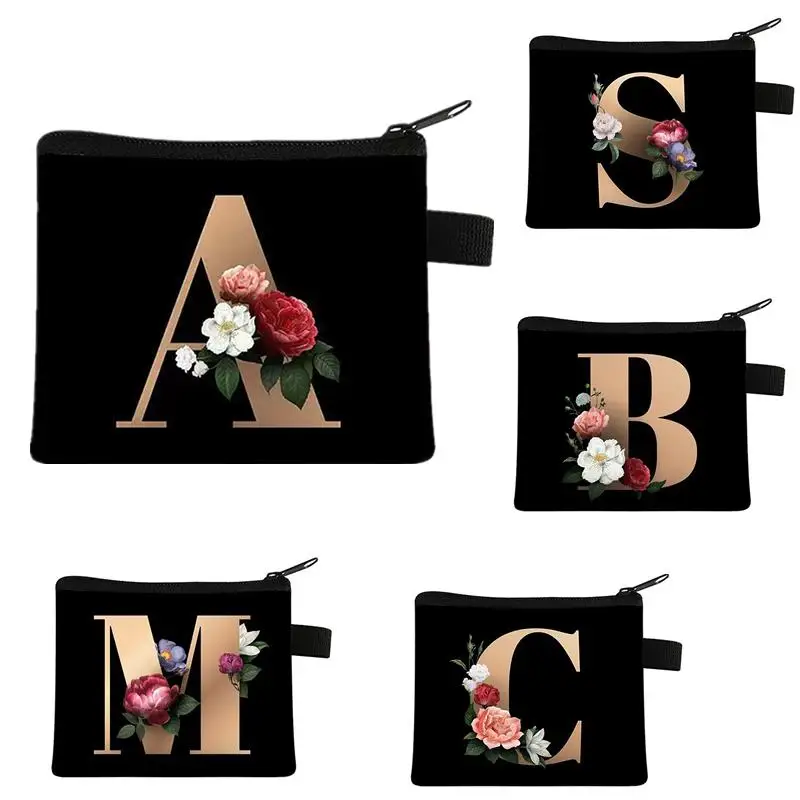 26 Initials A-Z Letter Flower Coin Purses Women Wallet Keychain Zipper Pouch Girl Kawaii Small Lipstick Bags Cute Coin Bag Gift