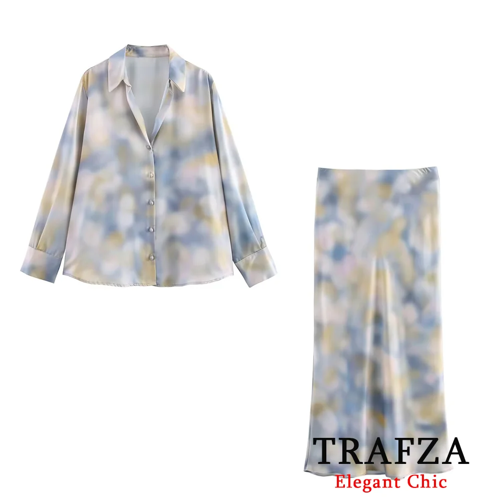 

TRAFZA-Women Elegant Tie dye Satin Lapel Buttons Shirt Or Slim Ankle-Length Skirt New 2025 Spring Fall Vacation High-street Set