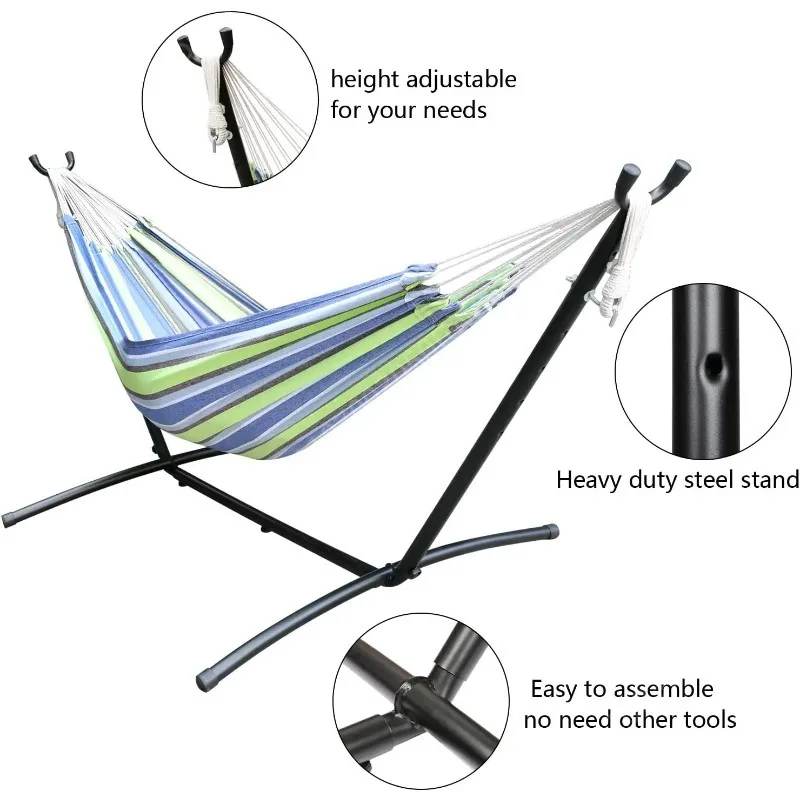 

Double Cotton Hammock with Heavy-Duty Steel Stand, Blue-Green Stripe Portable Hammock with Carry Bag