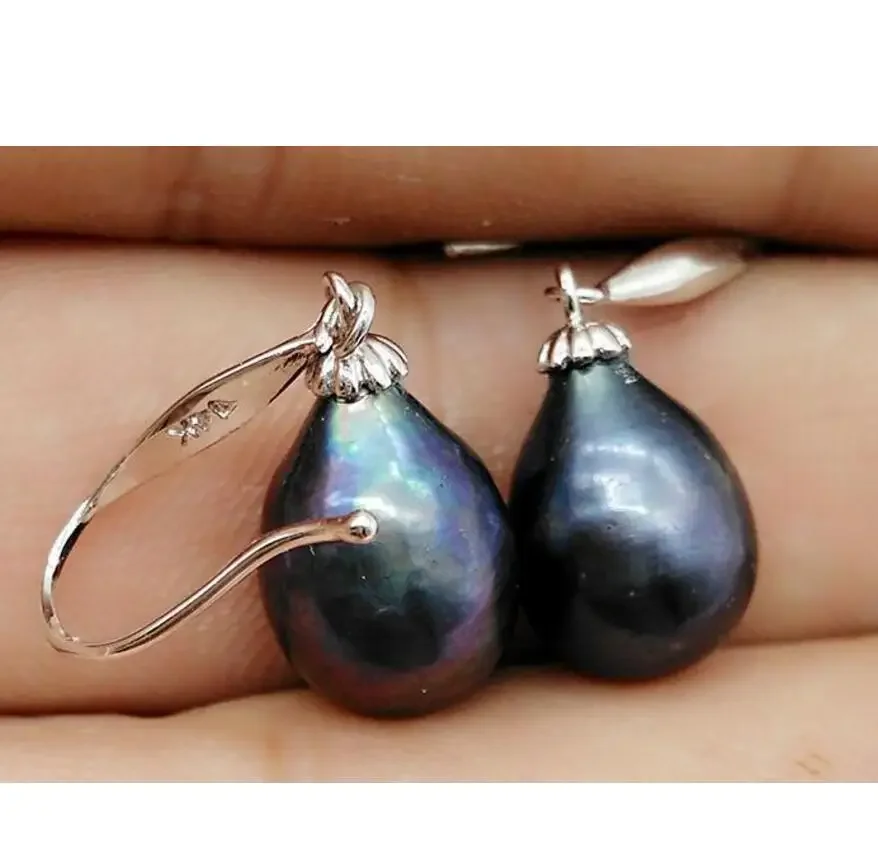 

HOT PERFECT 10-12 MM AAA+ BLACK tahitian Dripping PEARLS EARRING 925silver