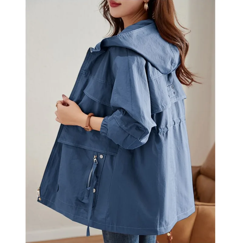 Trench coreano con cappuccio per donna 2024 primavera autunno capispalla femminile medio-lungo Casual con coulisse in vita giacca a vento