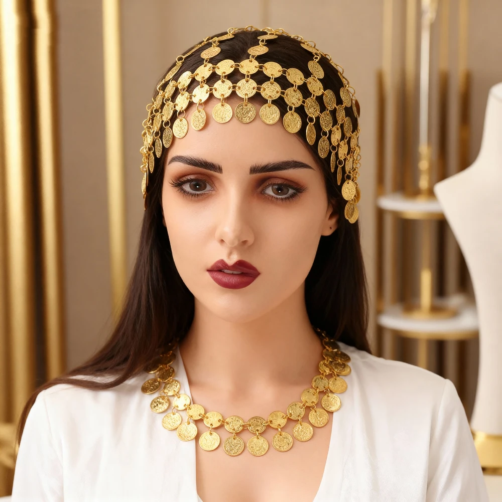 Gold Plated Turkish Kurdish Women's Headwear Arab Totem Ear Jewelry for Wedding Festival Unique Women's Head Pieces