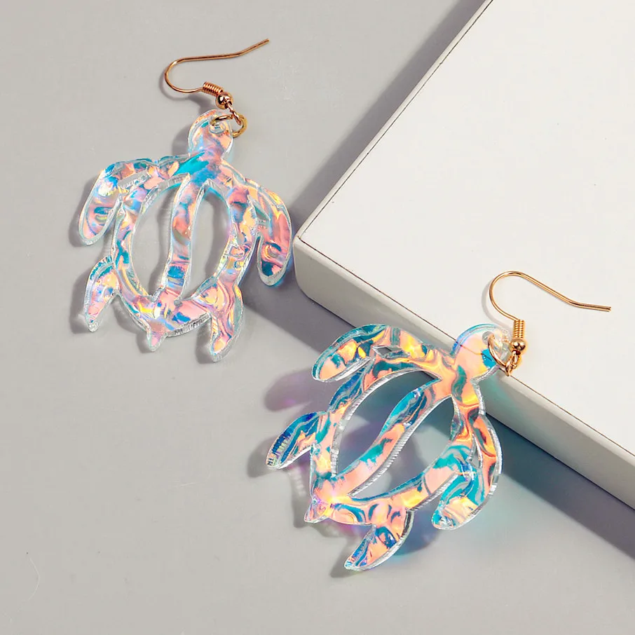 New Iridescent Hollow Turtle Acrylic Earrings for Women Fashion Cute Laser Tortoise Drop Dangle Earring Statement Jewelry Gift