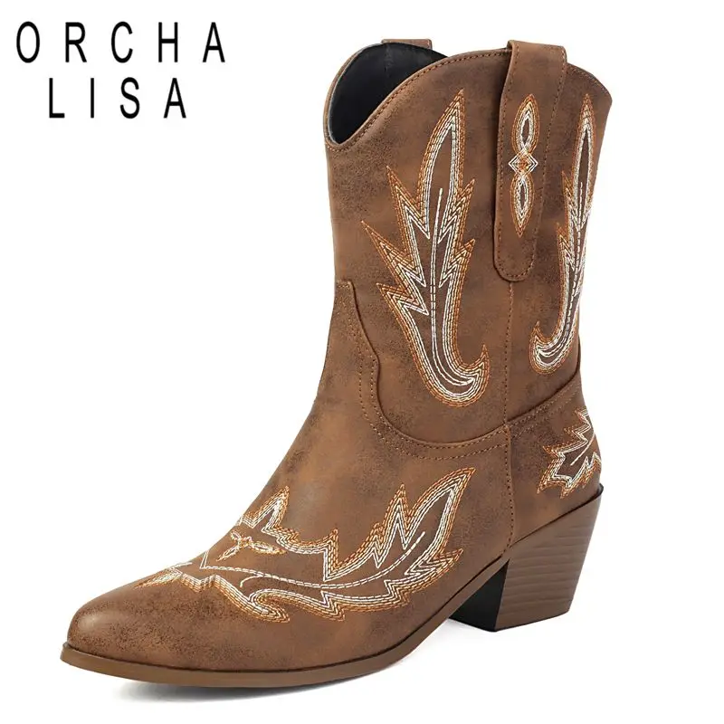 

ORCHA LISA 2025 Дизайнерские женские ботинки в стиле вестерн с круглым носком и блочным каблуком 5 см без шнуровки с вышивкой, большой размер 46 47 48 для отдыха, повседневные ботильоны