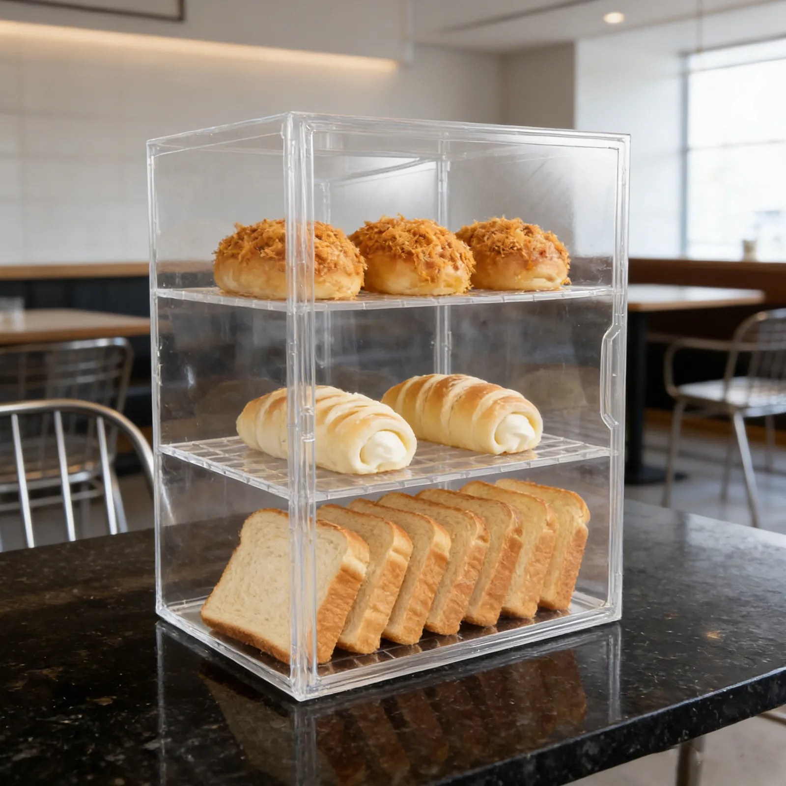 Commercial Bread Display Cabinet Large 3 Tier Transparent Bakery Showcase Counter with Adjustable Shelves