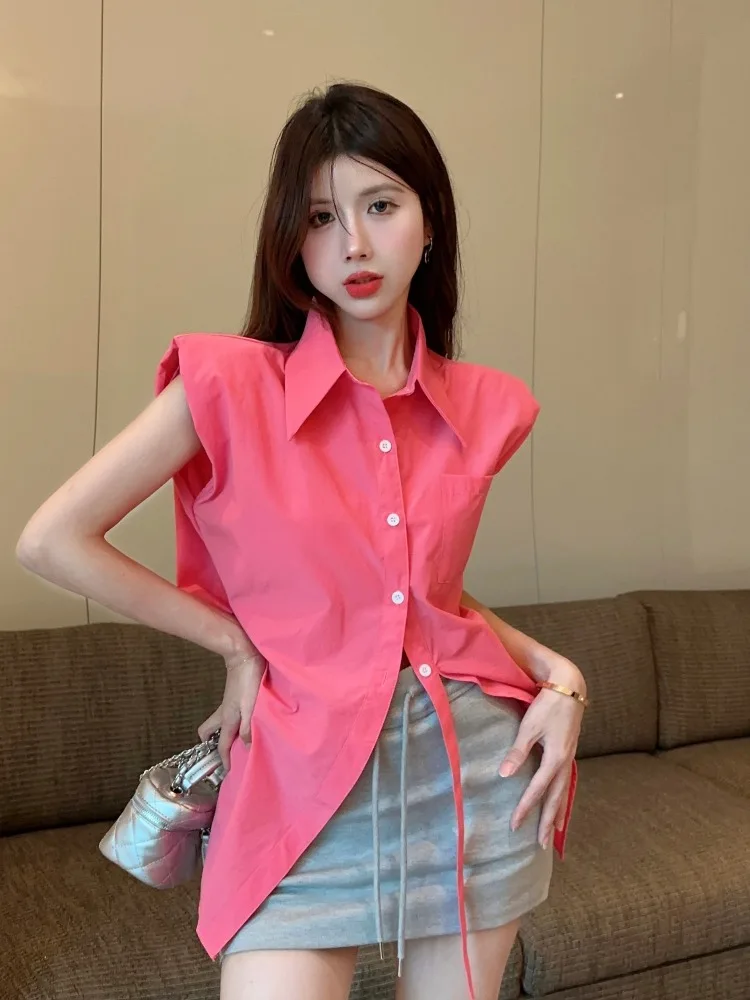

Shoulder Pad Sleeveless Neck Shirt Women's Sweet And Spicy Girl Design Summer Elegance Waist Cinched Sexy Top