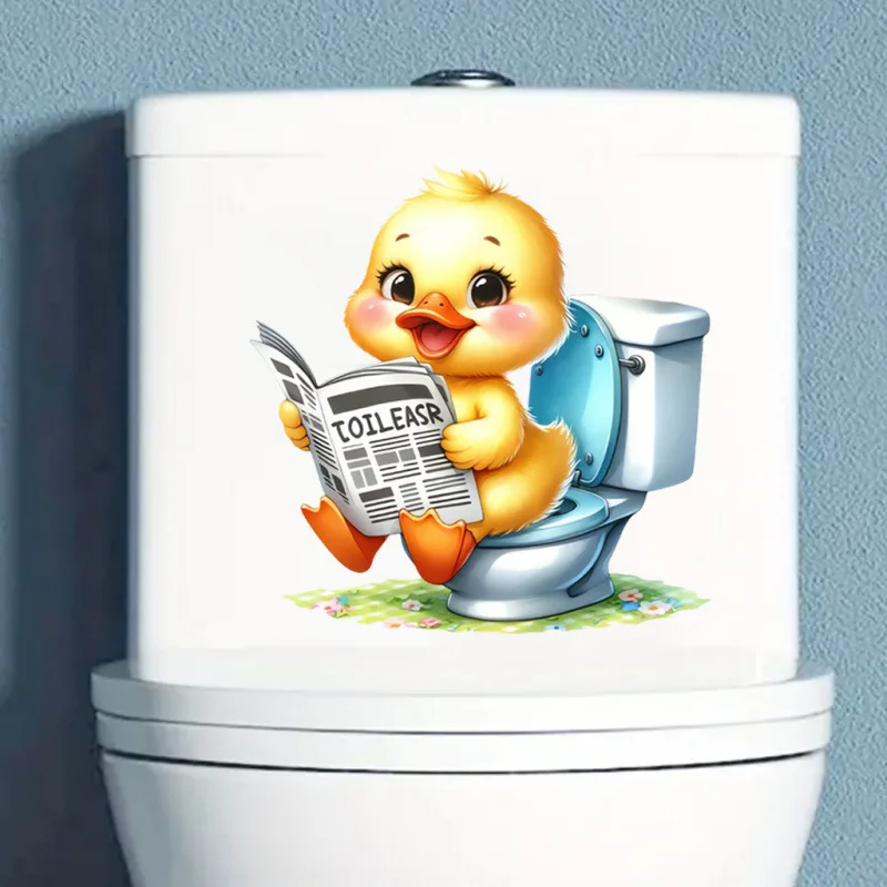 Cute Yellow Duck Toilet Sticker, Smiling Duck On Toilet Paper Roll, Removable Wall Decal for Bathroom Wall Mirror Home Decor