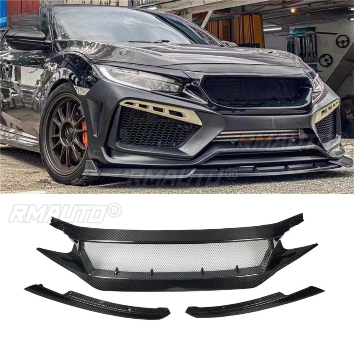 

Real Carbon Fiber Car Bumper Racing Grills Decorative Strips Front Bumper Grill Exterior for Honda Civic 10th N1 Sport Body Kit