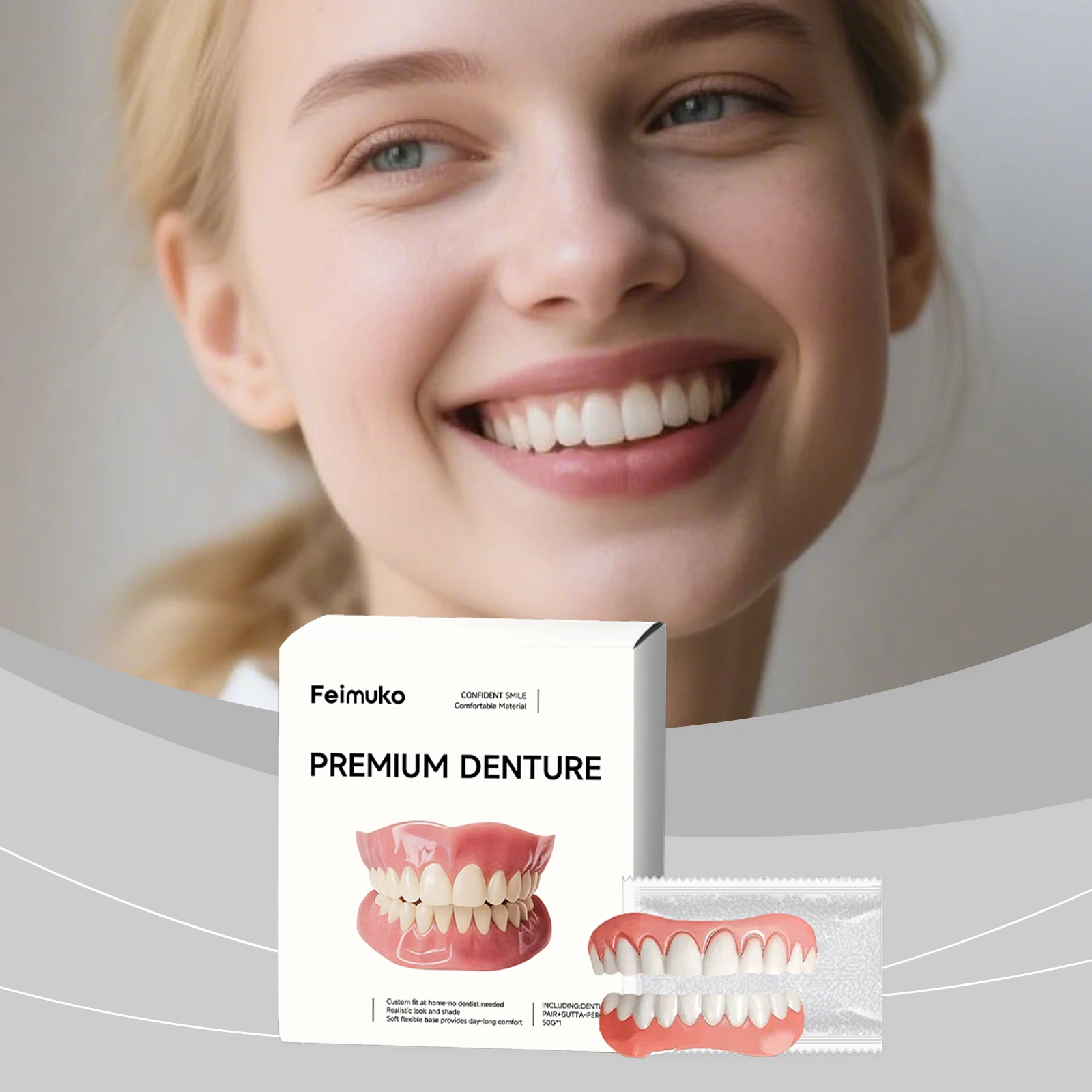 Denture Kit, Natural Teeth Cosmetic, Great Looking Comfortable Wear & Secure Fit, Easy to Adjust & Perfect for Daily Use