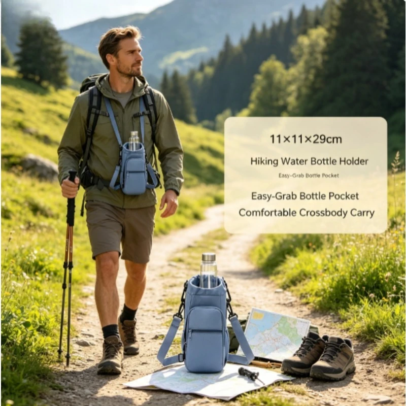 Twill Water Bottle Sleeve, Crossbody Thermos Holder with Phone Pocket, Portable Shoulder Water Cup Pouch for Outdoor Travel