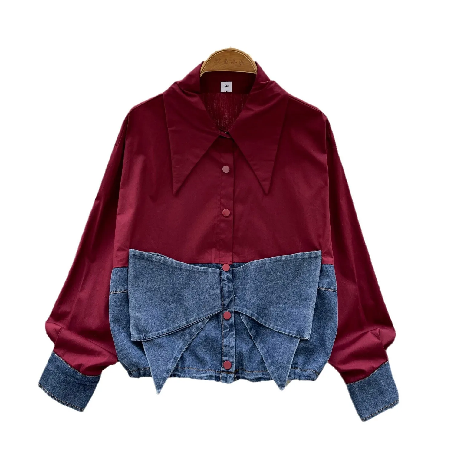 Spring Fashion Korean Style Women's Casual Trendy Turn-down Collar Long Lantern Sleeve Jean Spliced Shirts Female Tops Clothes