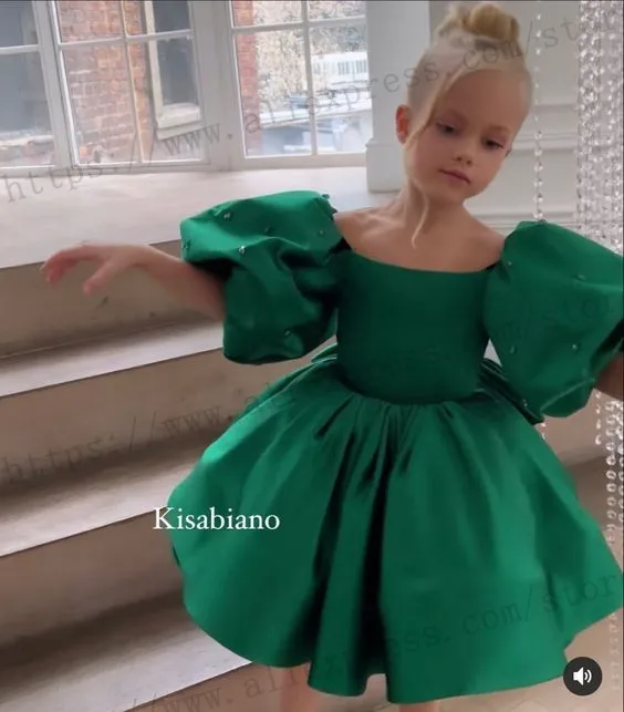 Dark Green Short Mum and Me Party Dress Satin Puffy Half Sleeve Scoop Birthday Dresses for Photoshoot 2024 New