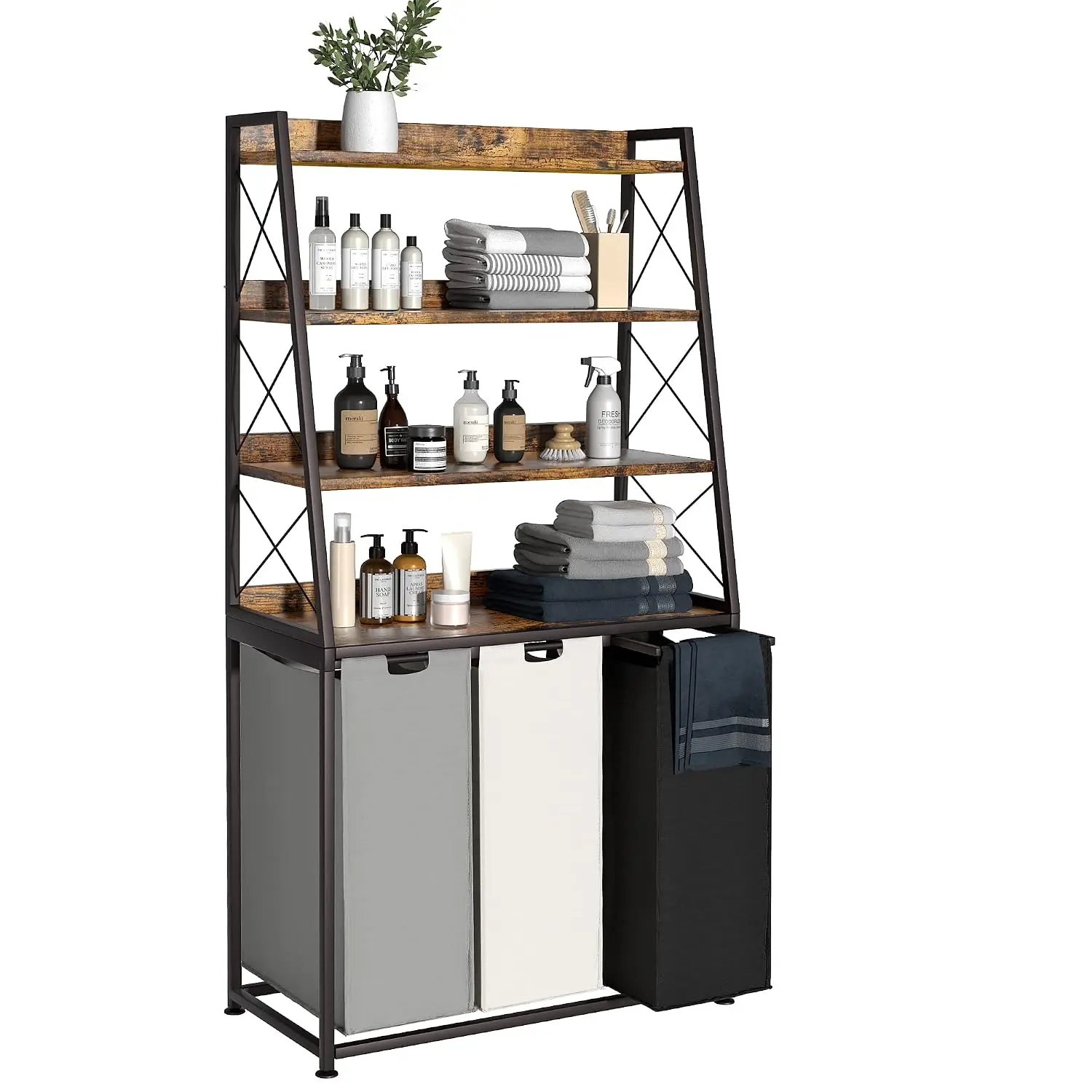 3-Section Laundry Hamper with 4-Tier Shelf & Pull-Out Bags, 3x15.87 Gallon, Laundry Room & Bathroom, Rustic Brown, Customized