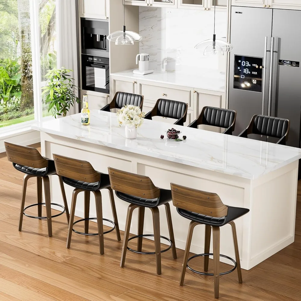 زوج من مقاعد البار ذات الارتفاع الدوارة مقاس 26 بوصة مع تصميم Bentwood ومقاعد من الجلد الصناعي المنجدة الحديثة في منتصف القرن