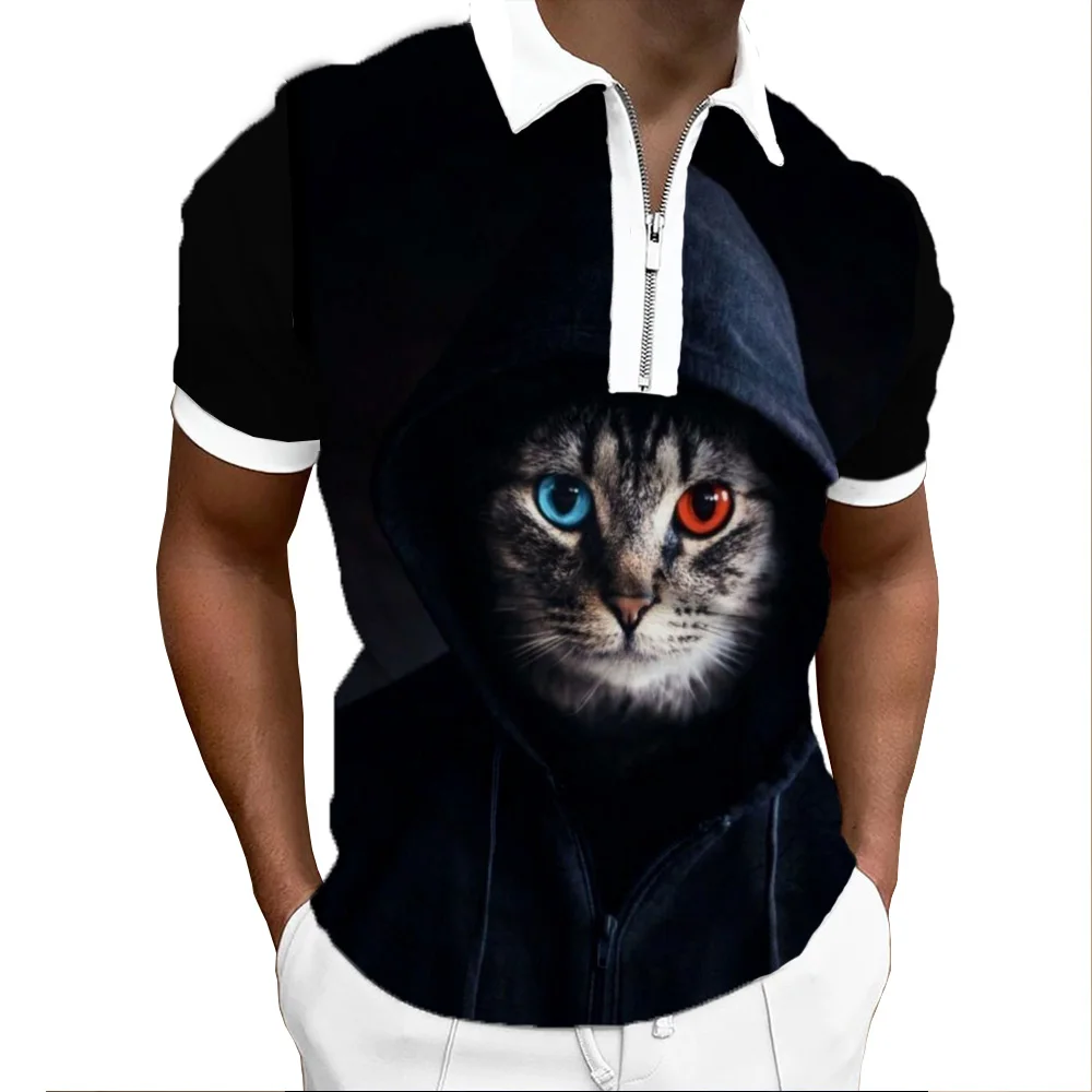 Summer New POLO Shirt 3D Printing Wildcat Men's Casual Breathable Short Sleeve Zipper POLO Shirt Fashion Sports Top