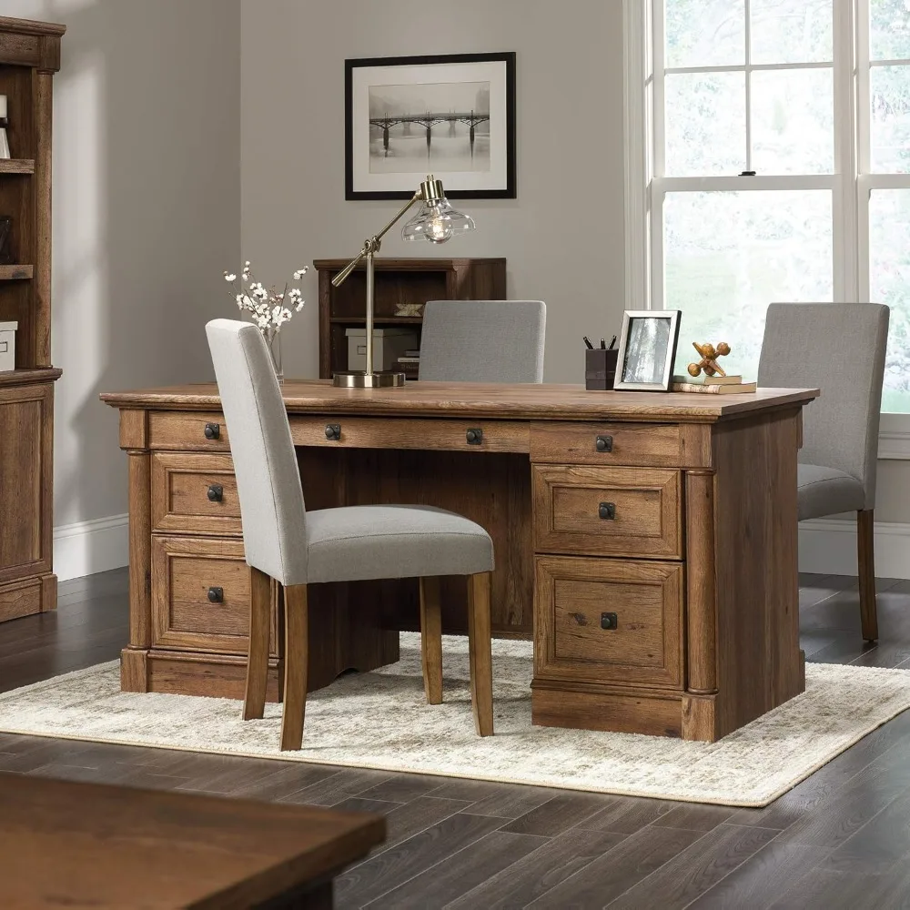 Executive Desk, 29.5"D X 65.1"W X 29.61"H, Vintage Oak Finish, Spacious Double Pedestal Desk