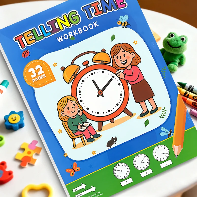 Telling Time Workbook for Kids, 32 Pages Clock Time Recognition Practice Book, Math Learning Workbook to Learn Hours and Minutes