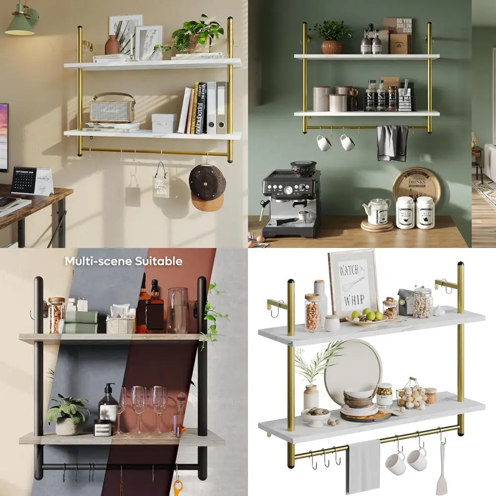 

31 White Marble Floating Shelf with Towel Hooks, Coffee Bar, Wine Rack, Book Display for Kitchen and Living Room Decor