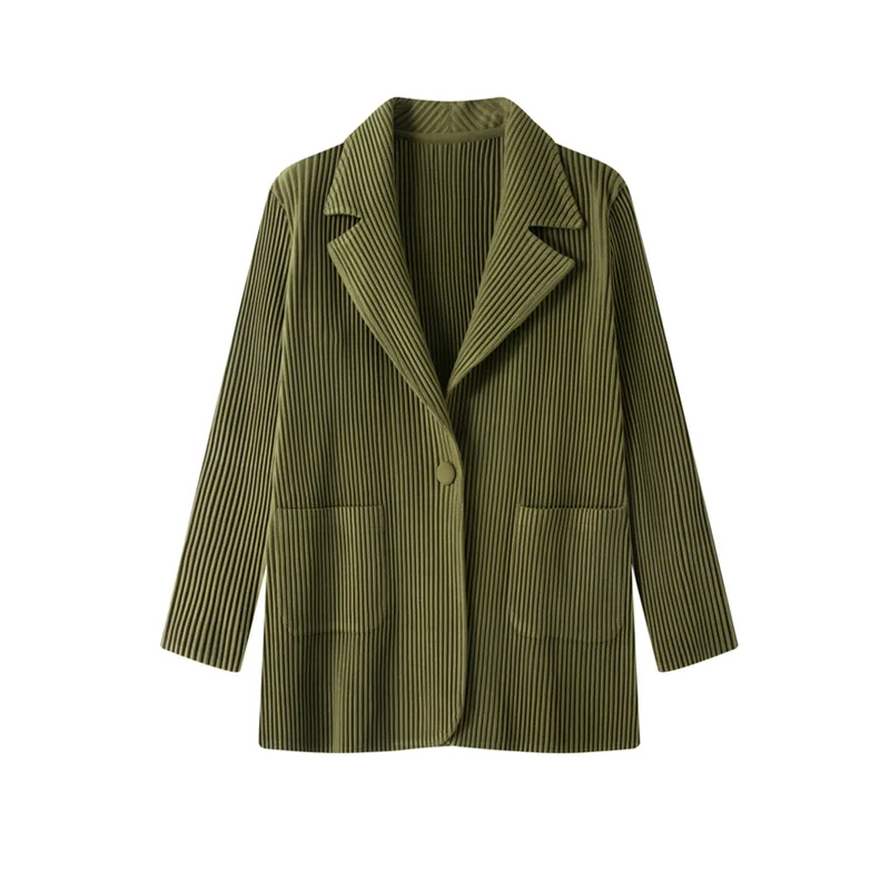 Miyake‑Inspired Pleated Blazer Women Lapel Collar Single‑Button Solid Color Loose Wrinkle‑Resistant Pockets Casual Suit Jacket