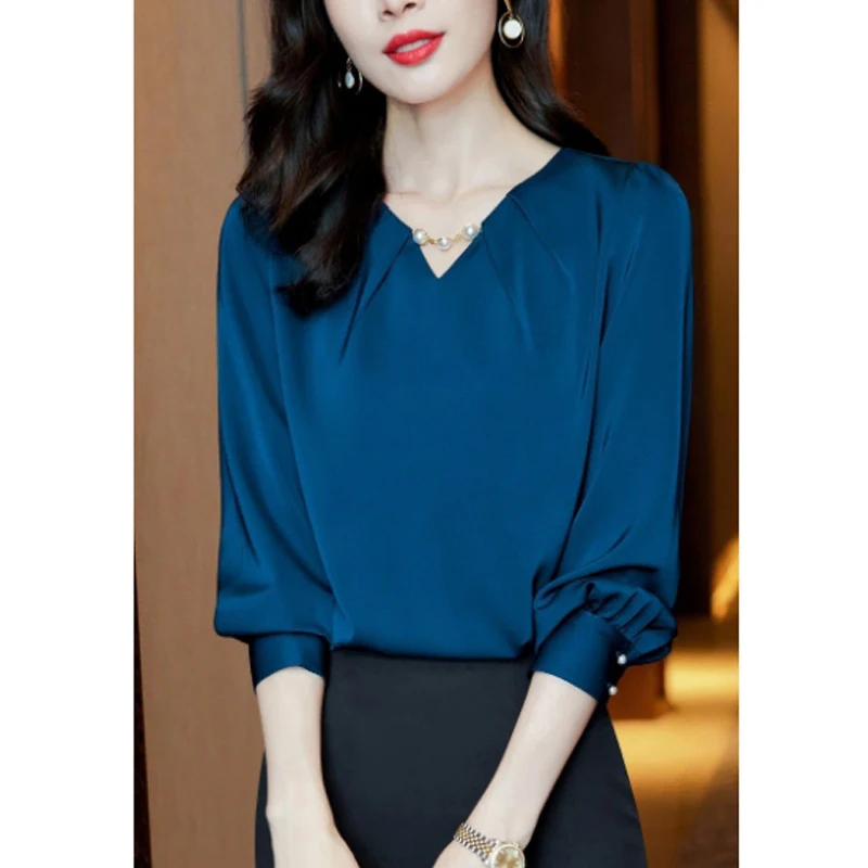 High Quality Elegant Fashion Beads Chic Office Lady Shirt Business Casual V Neck Long Sleeve Solid Loose Blouse Top Women Blusas