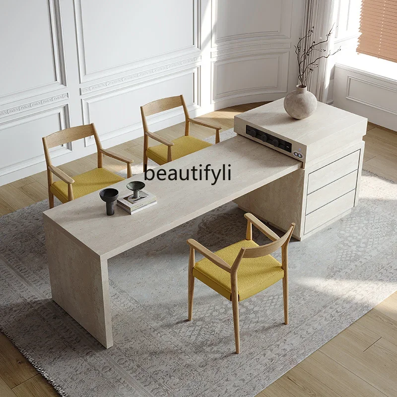

yj7 Light luxury island dining table integrated retractable open kitchen multi-functional full rock slab cave stone guide table
