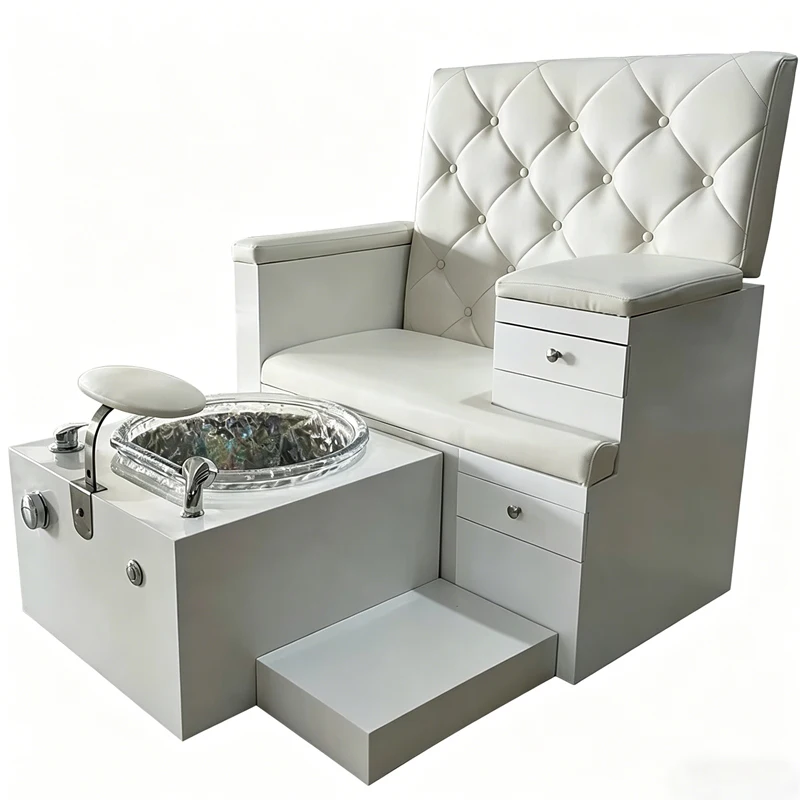 White PU Leather Pedicure Chair with Glass Foot Basin Drawers Foot Spa Chair for Nail Salon