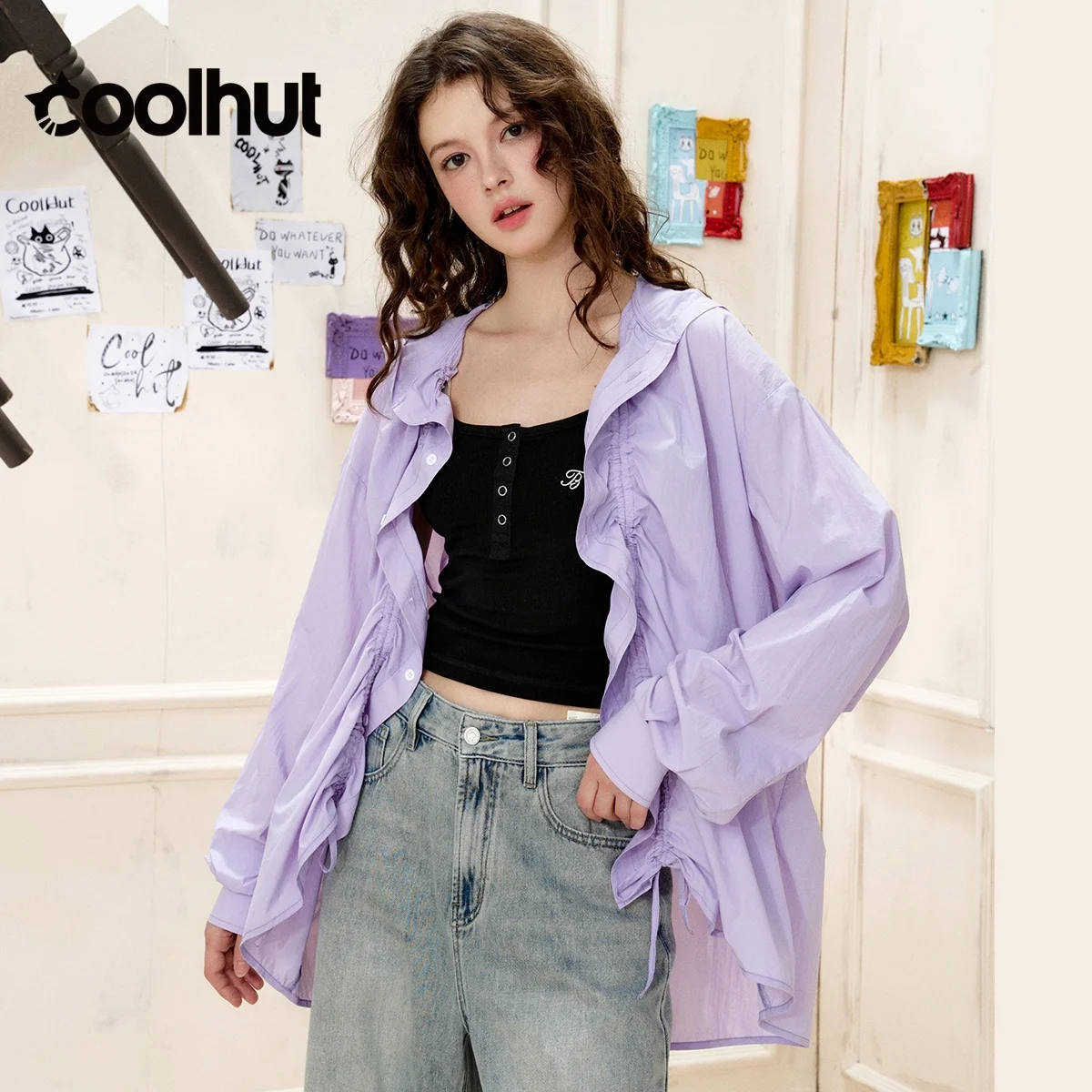 COOLHUT ผู้หญิง Minimalist ปุ่มลงเสื้อฤดูใบไม้ผลิน้ําหนักเบา Layering ชิ้นผ้านุ่มระบายอากาศ Tailored Fit Office Chic